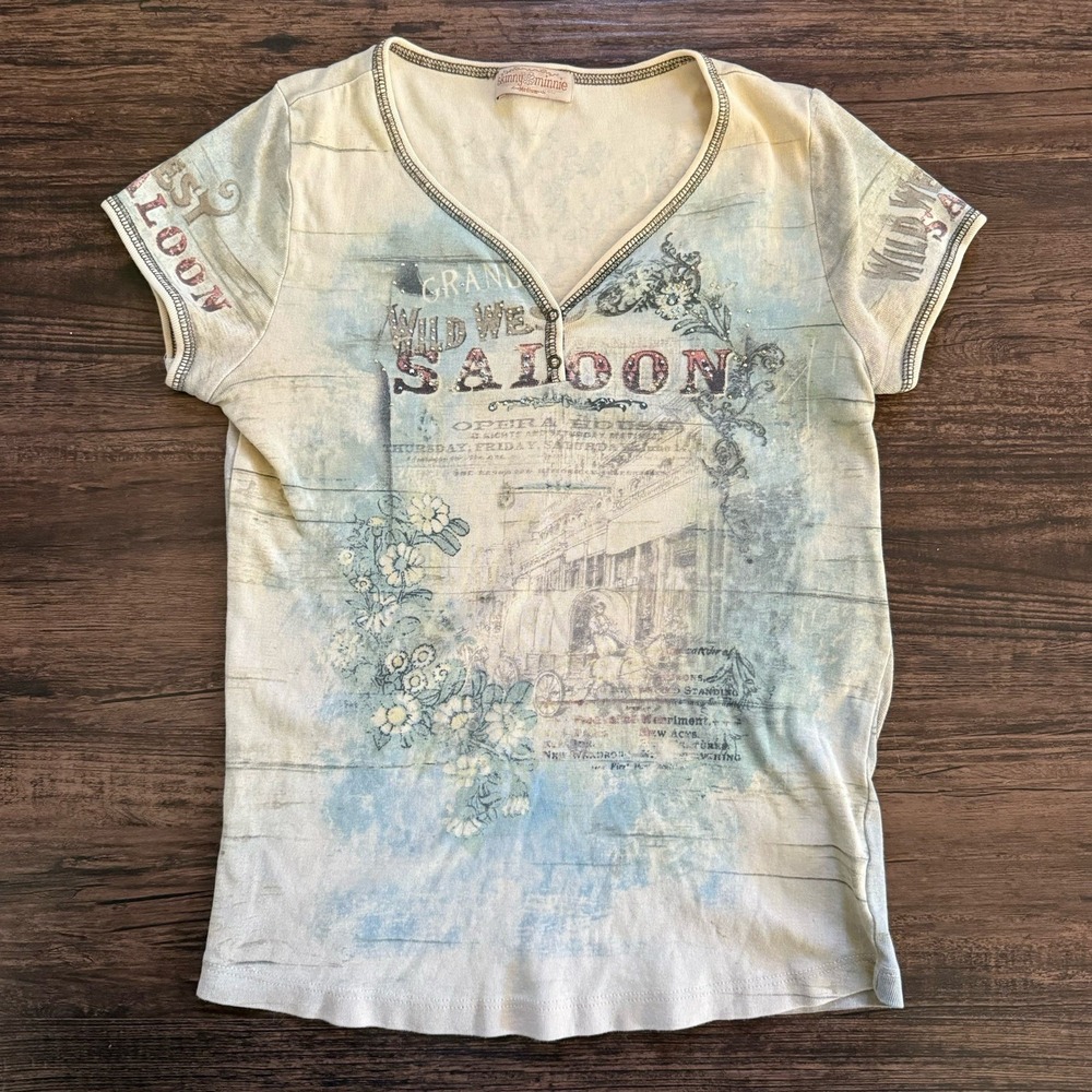VTG Y2K Skinny Minnie Medium Ribbed Top Wild West Saloon Graphic Tee Rhinestones